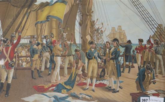 A chromolithograph of Nelson on deck 40 x 62cm
